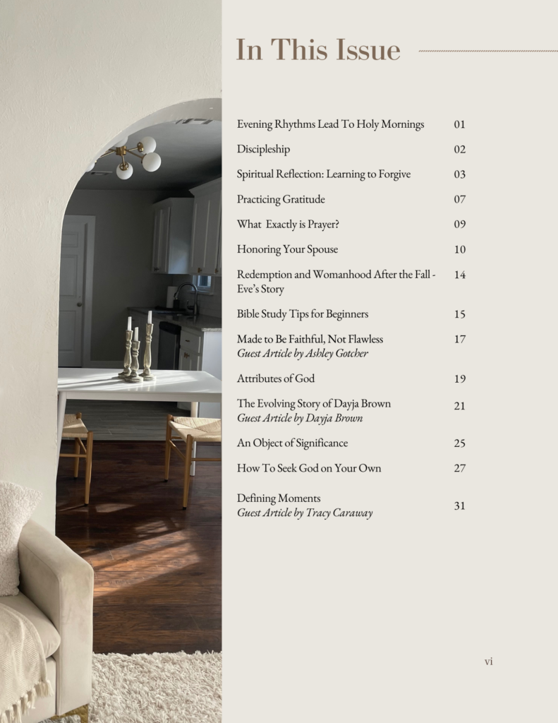 Table of Contents for Issue 01 of Faithful & Feminine magazine.
