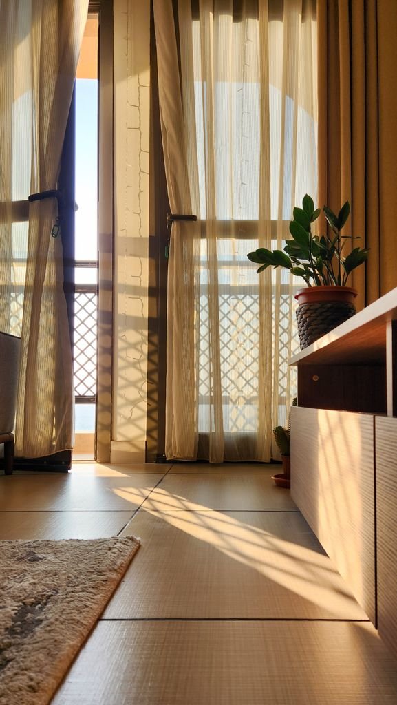 A serene indoor view featuring soft sunlight streaming through sheer curtains; the perfect room for emotional freedom practices.