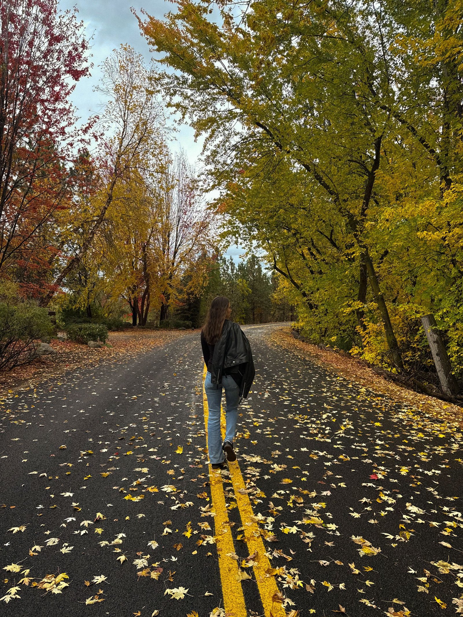 Woman walking along a scenic autumn road, surrounded by colorful fall foliage.